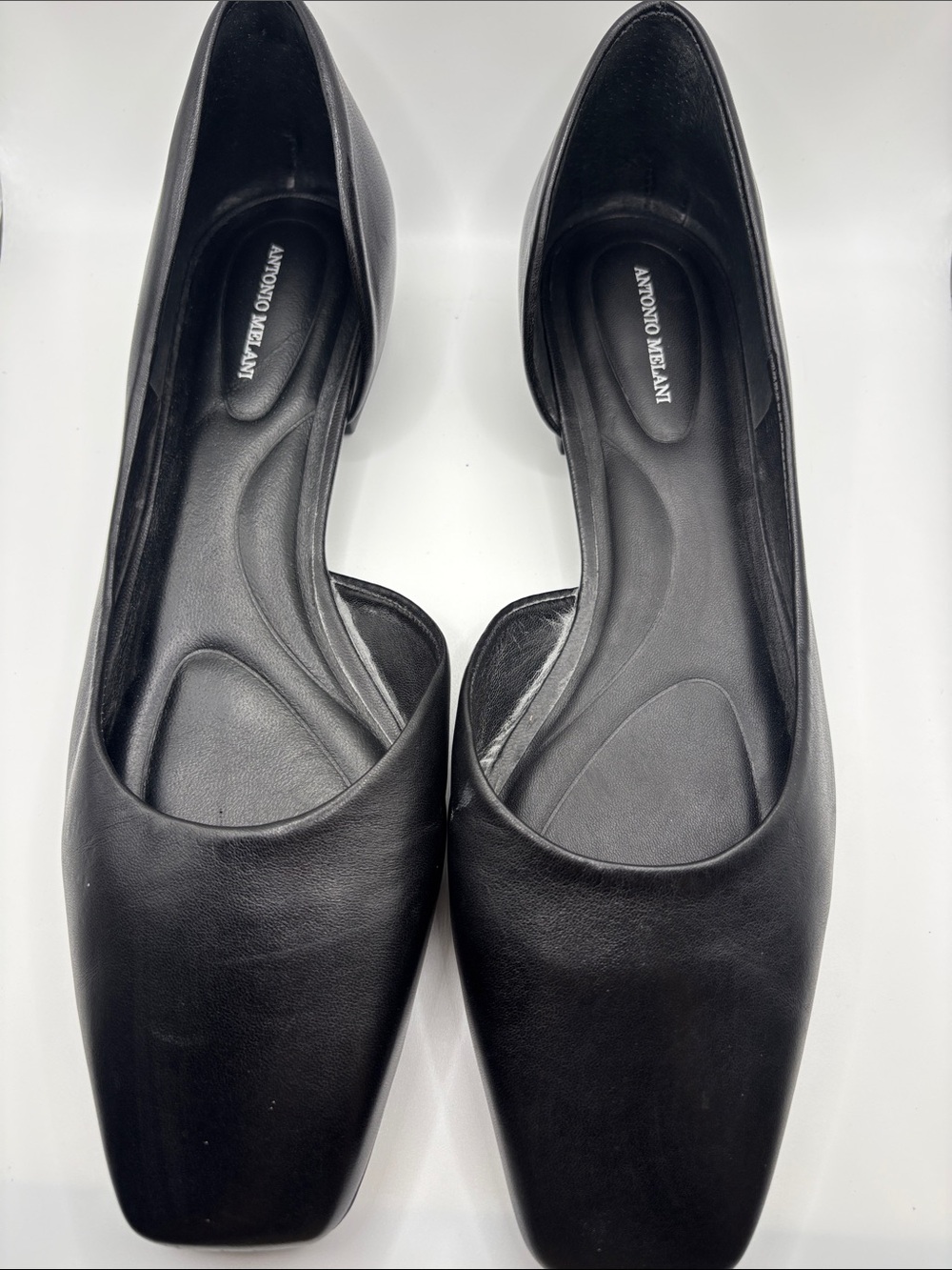 ANTONIO MELANI Black Square-Toe Leather Flats